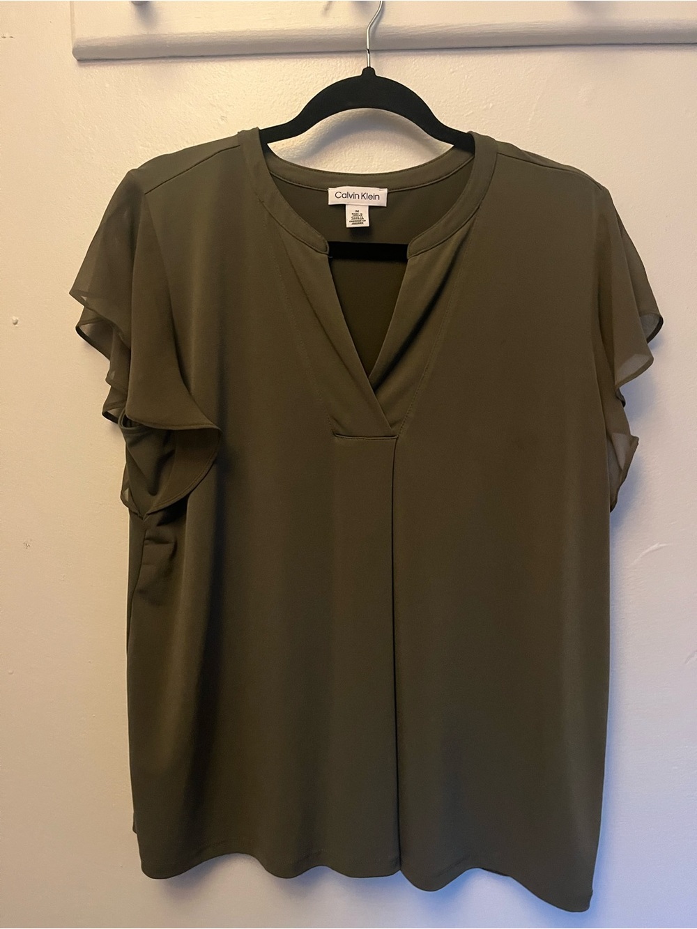 Calvin Klein Olive Green V-Neck Ruffle Sleeve Blouse
